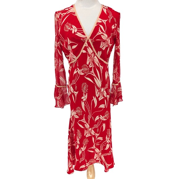 VTG 90s Y2K Red Silk Babydoll Boho Whimsigoth Beaded Bias Cut Chiffon Midi Dress - Picture 2 of 15